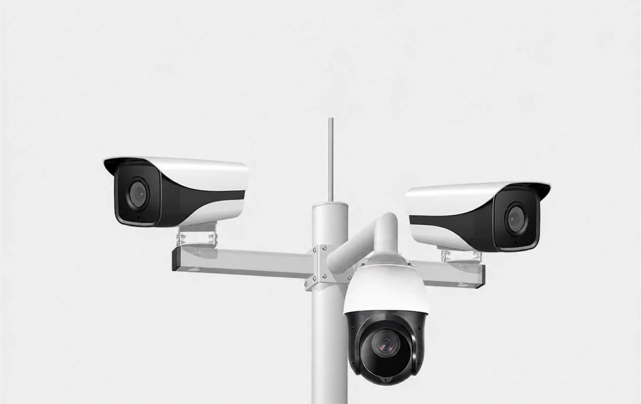 Four-sided mounting arms supporting two bullet cameras and a PTZ camera