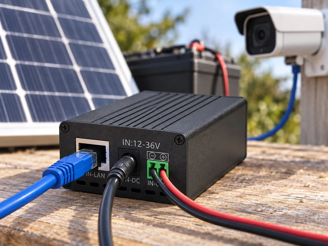 Maxsol POE24V DC-to-PoE converter with Ethernet ports and LCD voltage display