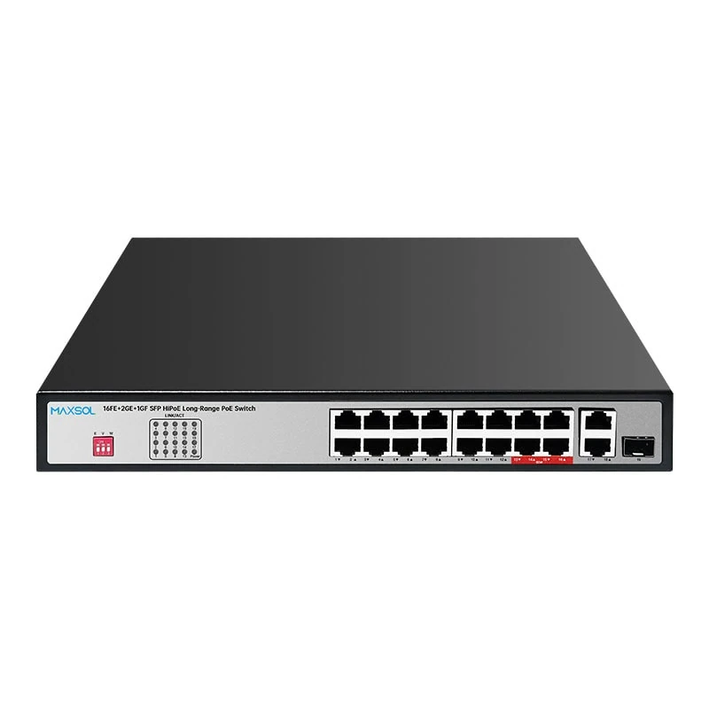 Maxsol PS11602FE 16-port Fast Ethernet PoE switch with Gigabit uplink ports and one Gigabit SFP uplink