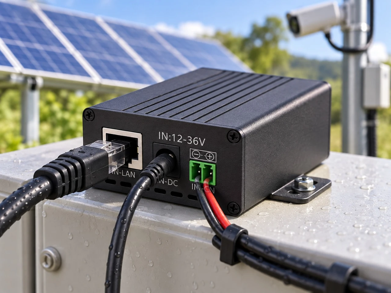 Maxsol POE24V DC-to-PoE converter with LCD voltage display and Ethernet connections