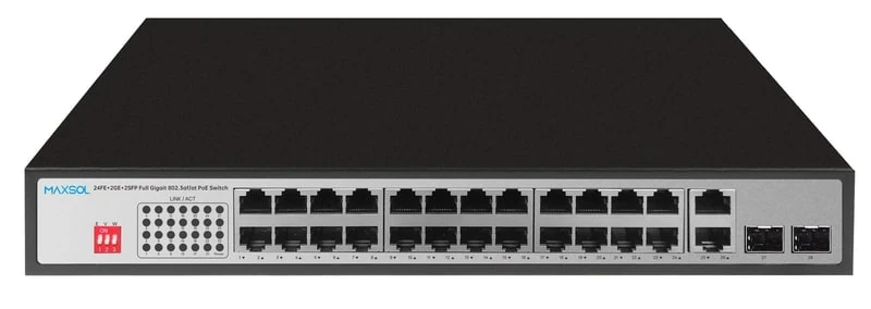 Maxsol PS12402FG 24-port Gigabit PoE switch with RJ45 and SFP uplinks